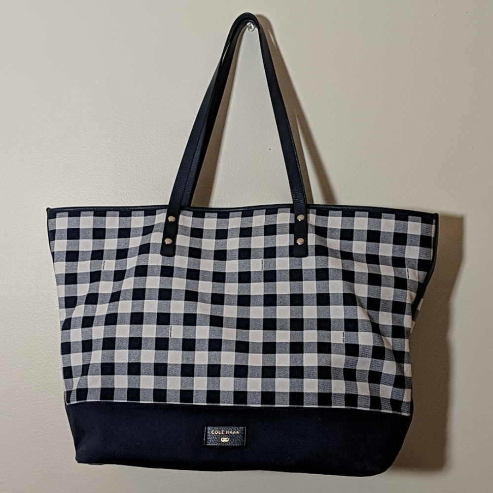 Cole Haan Navy and White Gingham Cotton Tote